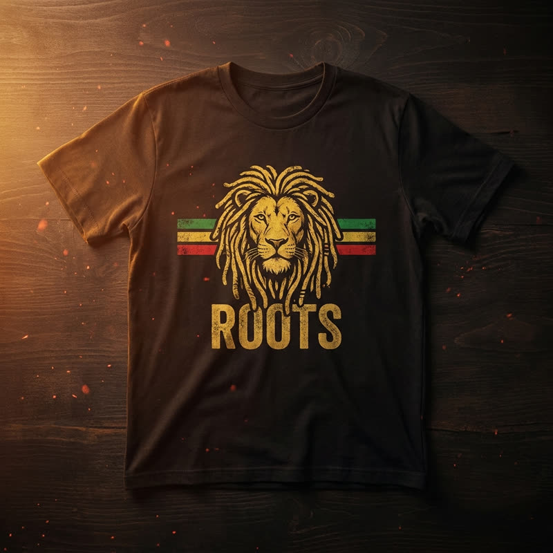 Camiseta Roots preta com estampa de le&atilde;o dourado